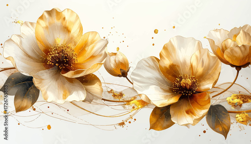 Romantic golden flower decoration with white details. White flowers with golden accents for chic touch. Luxurious floral design with gold, white blooms. Elegant golden floral pattern with soft petals