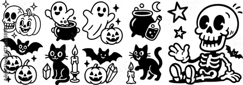 Halloween cartoon vector set with ghosts, pumpkins, skeleton, black cats, bats, cauldron, candles, crystals, stars, and potion bottle in black and white style. Creepy cute Halloween doodle design set