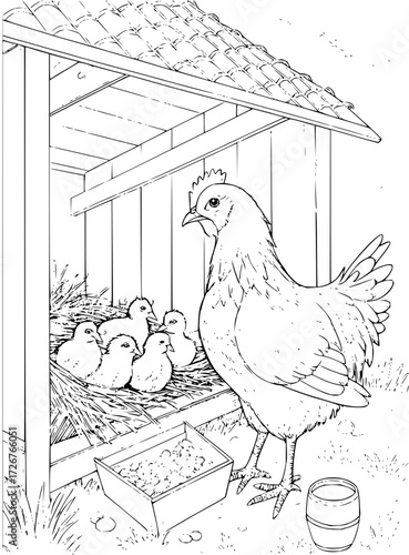 Protective hen standing guard over her adorable baby chicks nestled safely in their coop, offering comfort and security to her young family.