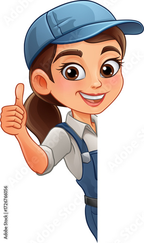 A woman female worker in overalls or dungarees and cap. Could be a plumber, gardener, decorator or possible electrician or mechanic cartoon mascot.