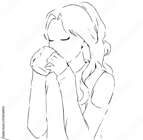 Elegant line art of a woman enjoying a warm beverage, perfect for relaxation, lifestyle branding, or a cozy, comforting feel in your creative projects