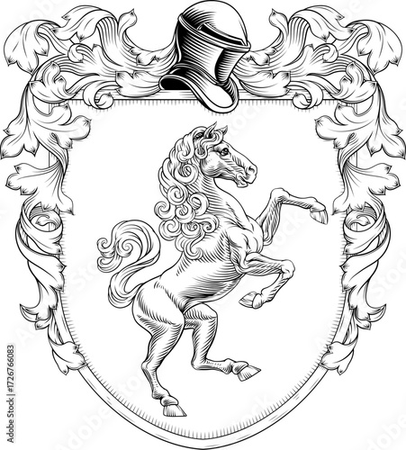 A horse coat of arms or crest family heraldry medieval heraldic knight shield with helmet and acanthus filigree scroll ornament in a vintage woodcut style.