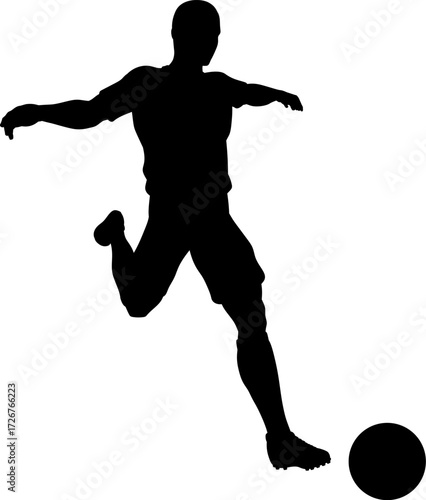 A football soccer player sports man in silhouette kicking the ball.