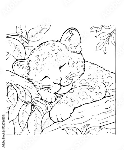 Adorable baby lion cub sleeping peacefully on a tree branch, ready for coloring books and children's crafts, a heartwarming artistic expression