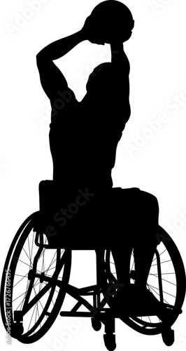 Silhouette of a male athlete in a sports wheelchair, holding a basketball overhead with both hands in preparation for a shot.