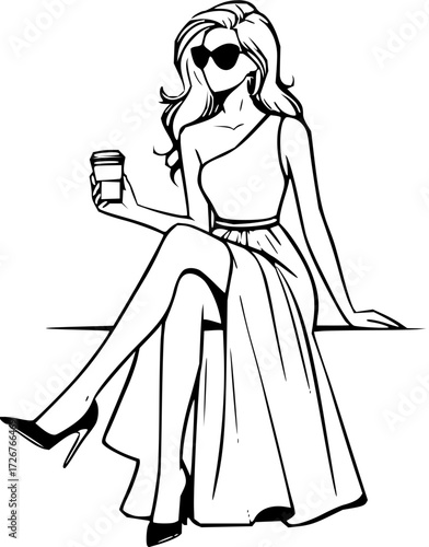 Stylish woman in sunglasses and flowing gown, sipping coffee with poise and grace, embodying modern elegance and confidence, perfect for fashion or lifestyle designs