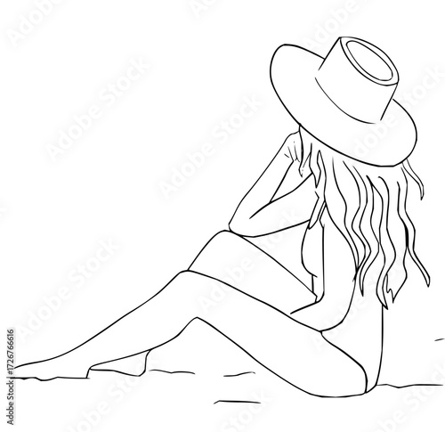 Elegant line art depicting a woman in swimsuit and hat relaxing on the beach, perfect for summer promotions, travel designs, or stylish lifestyle content.