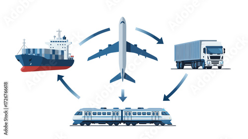Global logistics showing airplane, ship, train, and truck circling in an efficient transportation loop. Global logistics with interconnected delivery methods ensures timely arrival.