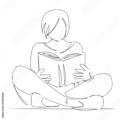 Person engrossed in a captivating novel, line art illustration conveying the simple joy of reading, perfect for promoting literacy and education programs