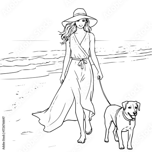 Elegant woman in flowing dress walks her dog along a serene beach shoreline, evoking summer relaxation and idyllic coastal lifestyle, originally vector graphics
