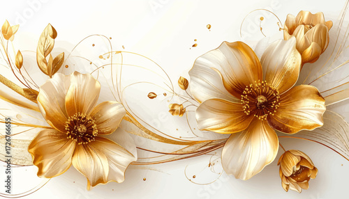 Graceful gold and white flower pattern. Stunning golden floral design for interiors. Exclusive gold flower art piece for business. Chic golden floral arrangement illustration