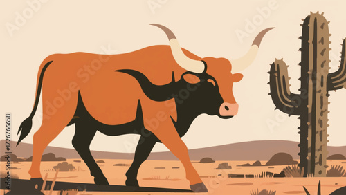 Illustration Of A Texas Longhorn Cattle Walking In A Barren Field With A Cactus Behind It Vector Design Template