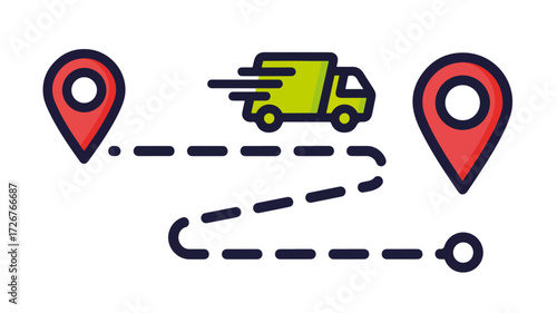 Small Delivery Truck on a Shipping Route with Pinpoint Locations for Logistics, Transportation Websites, E-commerce, Business Planning, and Supply Chain Management