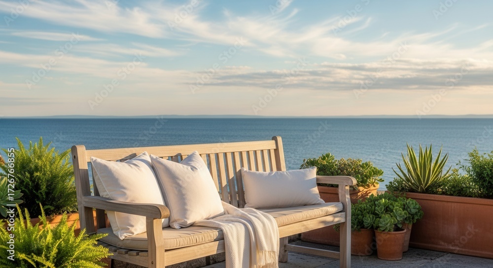 Obraz premium Serene Seaside Retreat: A Relaxing Bench Overlooking the Calm Ocean with Lush Greenery and Blue