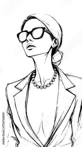 Elegant businesswoman in blazer and glasses, showcasing strength and vision, perfect for illustrating leadership, style, and corporate success, originally vector