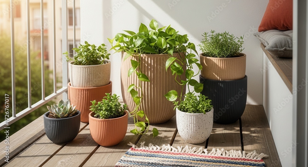 Fototapeta premium Stylish indoor potted plants on a sunny balcony for a relaxing and refreshing living space
