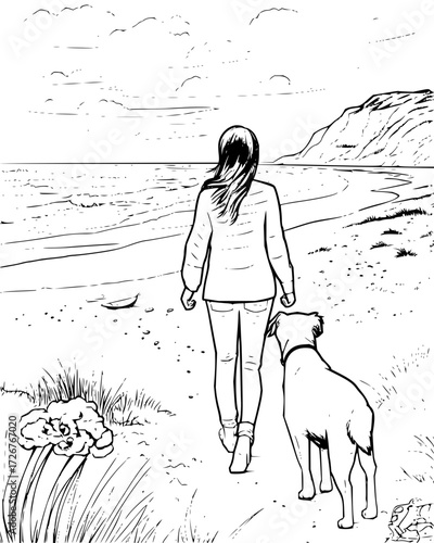 Enjoying a peaceful beach walk with a loyal dog companion, embracing nature's tranquility and the simple joy of coastal living, a timeless bond