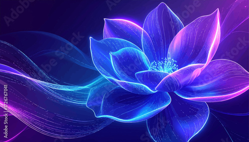 Colorful neon lotus flower glowing in purple. Abstract vibrant lotus blossom with glowing neon effect. Dynamic futuristic glowing flower with neon colors. Purple-blue neon lotus with flowing lights