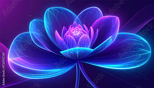 Bright neon lotus flower glowing art. Electric neon lotus digital flower art. Abstract neon lotus in vivid hues. Lotus flower with neon light effects. Glowing lotus flower in neon colors