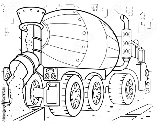 Cartoon cement truck outline pouring construction material, ready to be colored, ideal for kids' activity books and educational resources due to its clear lines