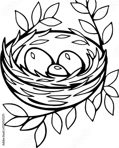 Delicate nest with eggs amidst leafy branches, a charming springtime illustration originally a scalable vector graphic perfect for cards and nature themes.