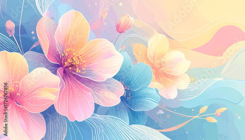 Romantic pastel blossom art. Elegant floral soft design. Dreamy flower pastel pattern. Spring botanical illustration. Luxury pastel floral artwork. Soft romantic flower art