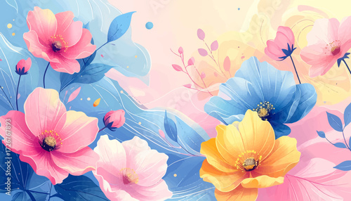 Colorful pastel floral art. Elegant soft flower design. Spring blossom illustration. Pastel flower composition. Romantic pastel floral artwork. Dreamy colorful flower art