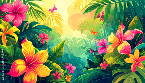Tropical paradise floral art. Exotic jungle hibiscus design. Vibrant tropical flower artwork. Summer exotic floral pattern. Colorful hibiscus garden art. Tropical nature floral scene