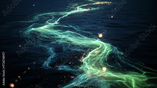 Macro shot of glowing water waves with soft blue light and smooth reflections. Abstract movement, calm surface, and fluid energy.
