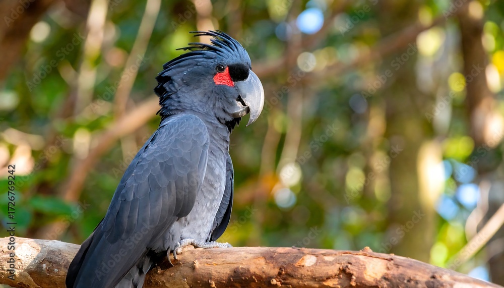 Obraz premium Dusky cockatoo perched on a limb, with lush green leaves blurred in the background
