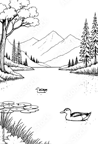 Serene mountain lake scene with ducks swimming peacefully amidst lily pads and lush greenery