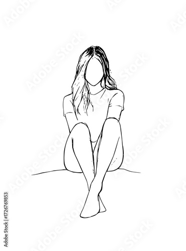 Elegant line art captures a serene woman in a relaxed seated pose, embodying modern simplicity and calm contemplation for versatile design use.