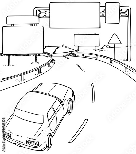 Dynamic highway scene with car approaching blank directional signs and split road, perfect for travel or business messaging.