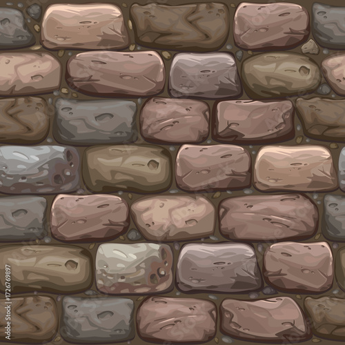 Vector seamless stone wall texture – cobblestone pattern background for game design, construction, packaging, textile prints, wallpapers