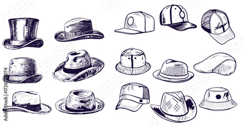 Summer Hats vintage collection for elegant men,woman, female and ladies. Fedora Derby Deerstalker Homburg Bowler Straw Beret Captain Cowboy Porkpie Boater. Retro fashion set. English style. Hand drawn
