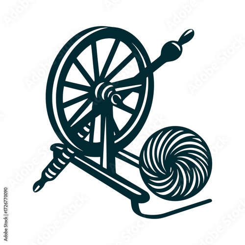 Vintage Spinning Wheel with Wool Ball Illustration Spinning Distaff Traditional wool spinning tool with wool ball and spindle in muted taupe