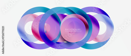 Abstract overlapping circles create vibrant, colorful design. Gradient shades blend smoothly, forming modern background element.