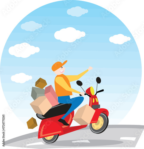 a courier drive a motor bike want to send the package  vector illustration