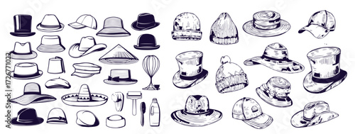 Summer Hats vintage collection for elegant men,woman, female and ladies. Fedora Derby Deerstalker Homburg Bowler Straw Beret Captain Cowboy Porkpie Boater. Retro fashion set. English style. Hand drawn