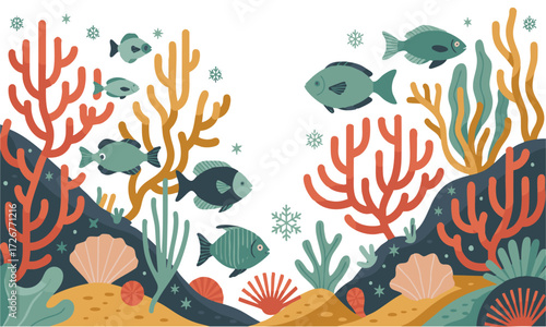 Underwater Coral and Fish Seamless Pattern Teal Mint Coral Vector illustration, Colorful seashells and coral design perfect for beach-themed, easily editable.