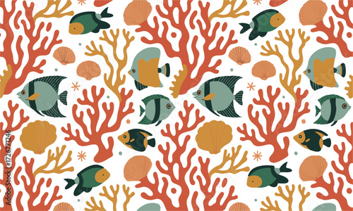 Underwater Coral and Fish Seamless Pattern Teal Mint Coral Vector illustration, Colorful seashells and coral design perfect for beach-themed, easily editable.