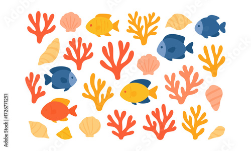 Underwater Coral and Fish Seamless Pattern Teal Mint Coral Vector illustration, Colorful seashells and coral design perfect for beach-themed, easily editable.