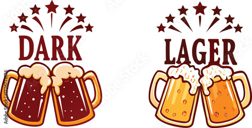 Two dark beer mugs and two lager beer mugs with foam and stars
