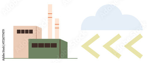 Industrial factory with smoke stacks emitting pollution under a cloud. Ideal for topics of industry, pollution, environment, climate change, emission, sustainability, clean energy. Simple flat