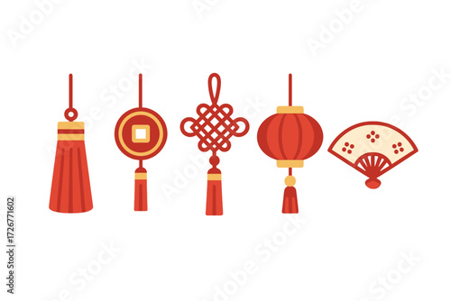 Traditional Chinese New Year cultural decorative elements including lanterns, knots, coins, fans, and tassels