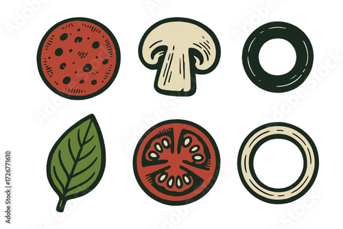 Assortment of fresh pizza ingredients including pepperoni, mushroom, olive, basil, tomato, and onion slices