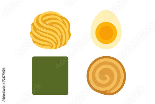 Assorted ramen ingredients including noodles, boiled egg, nori seaweed, and fish cake for Japanese cuisine