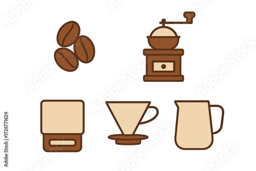 Essential coffee brewing equipment set with roasted beans, manual grinder, digital scale, pour over dripper, and milk pitcher