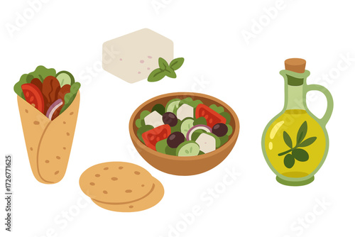 Mediterranean cuisine elements including gyro wrap, Greek salad, feta cheese, olive oil, and pita bread