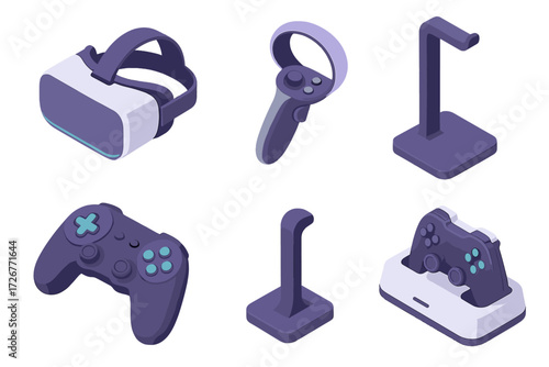 Virtual reality headset, game controllers, and charging stands for modern electronic gaming equipment
